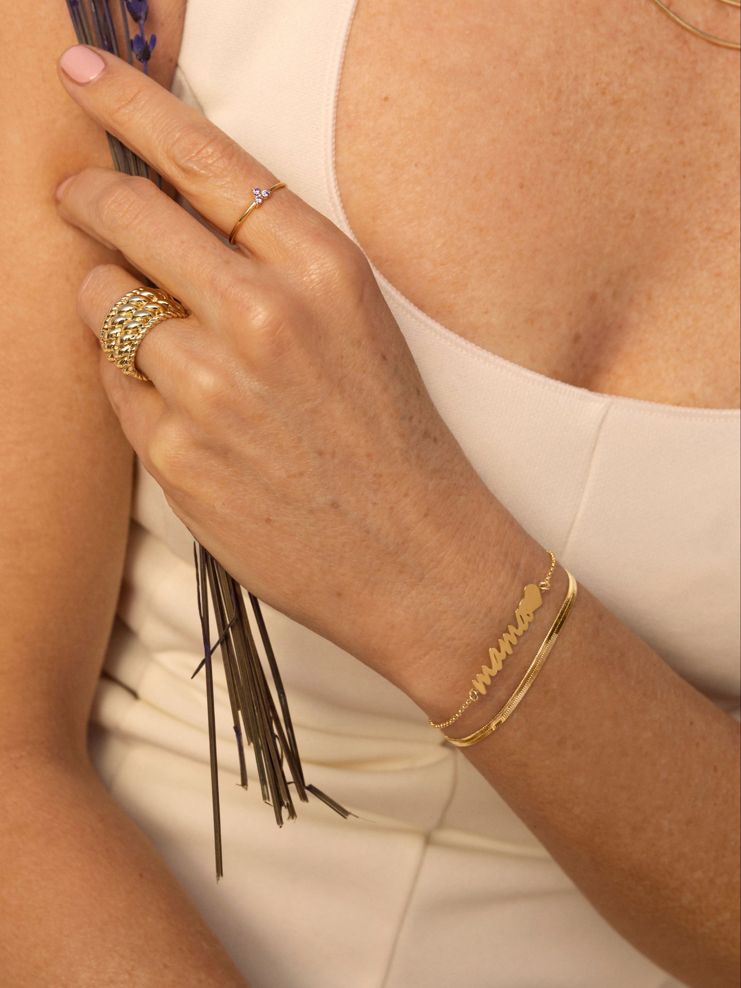 Pulsera Mamá Heart Plata Baño Oro