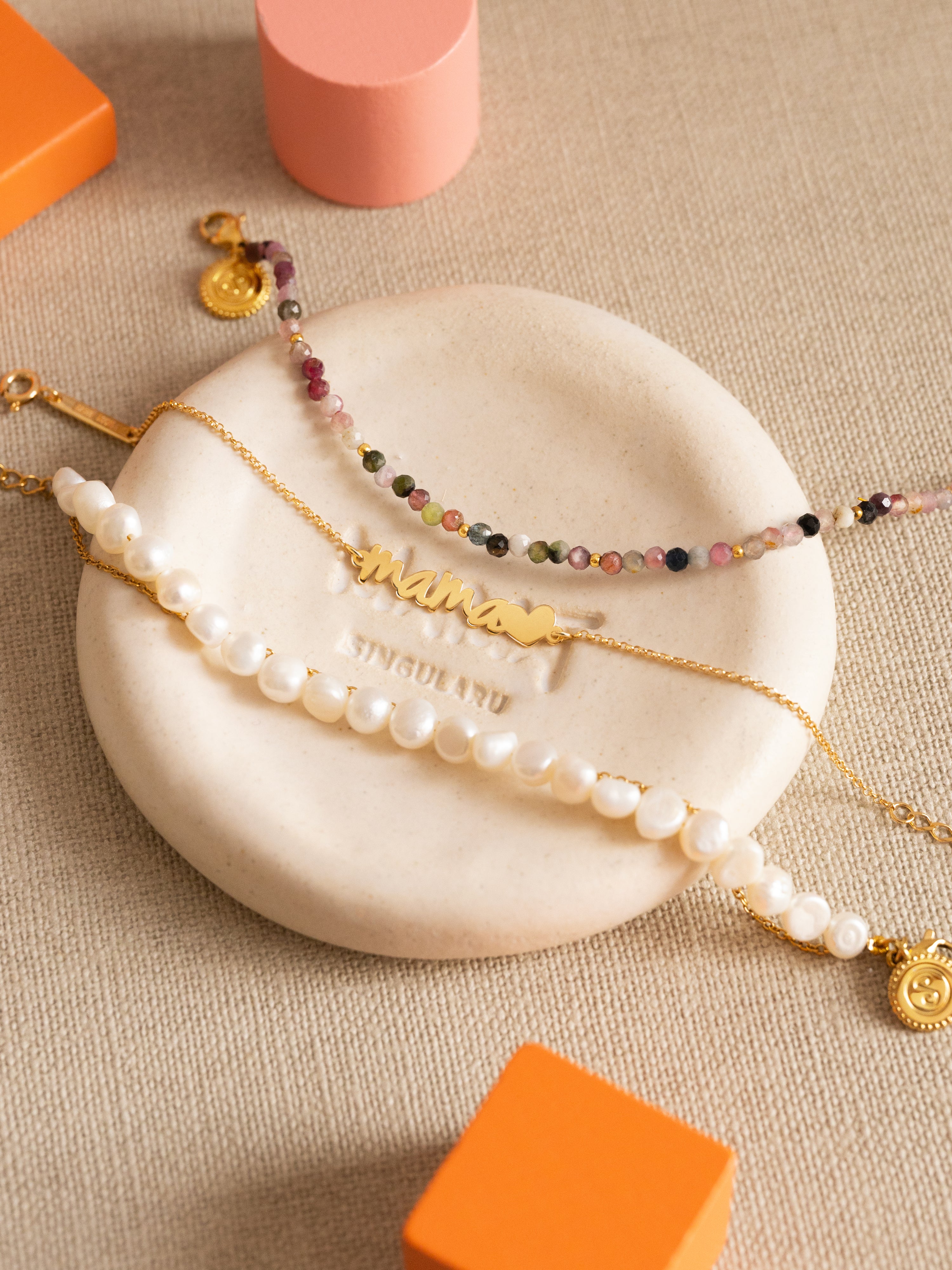 Pulsera Mamá Heart Plata Baño Oro