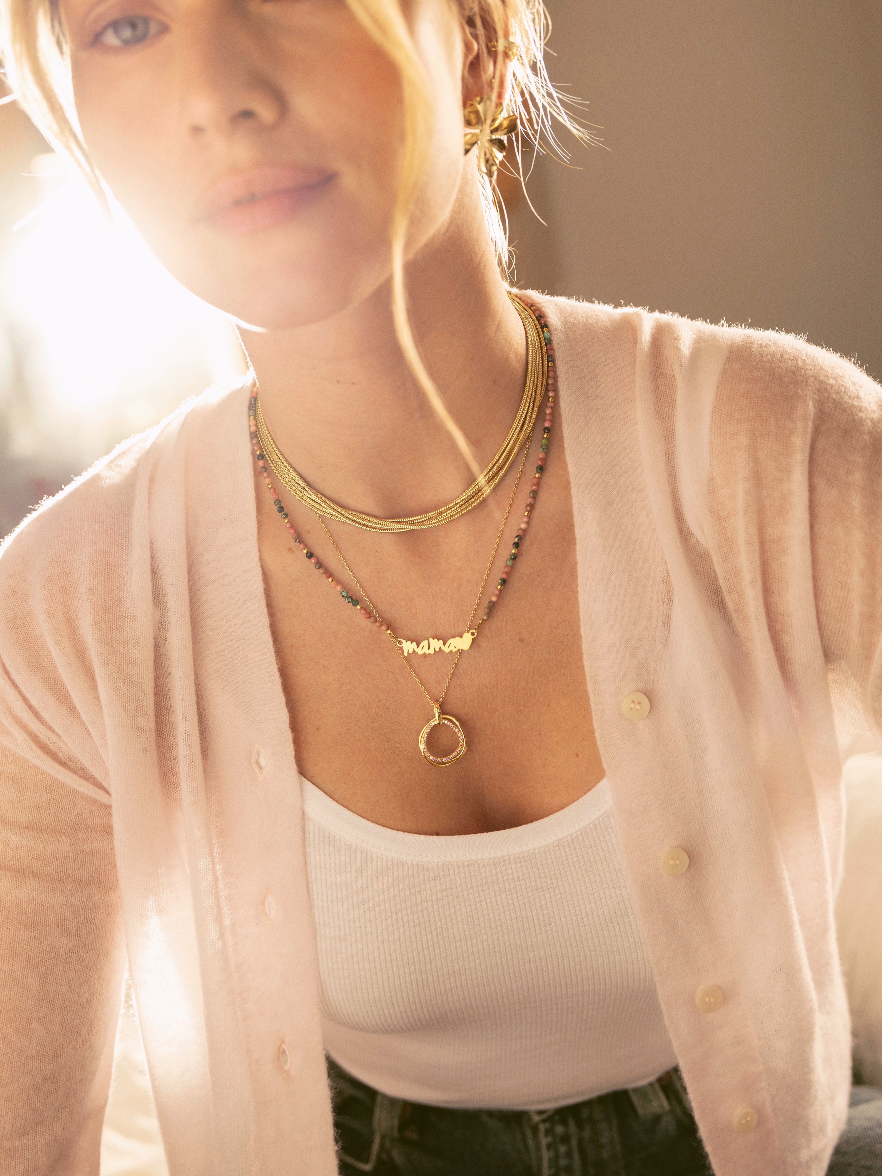 Colar Mamá Heart Tourmaline Aço Banho de Ouro