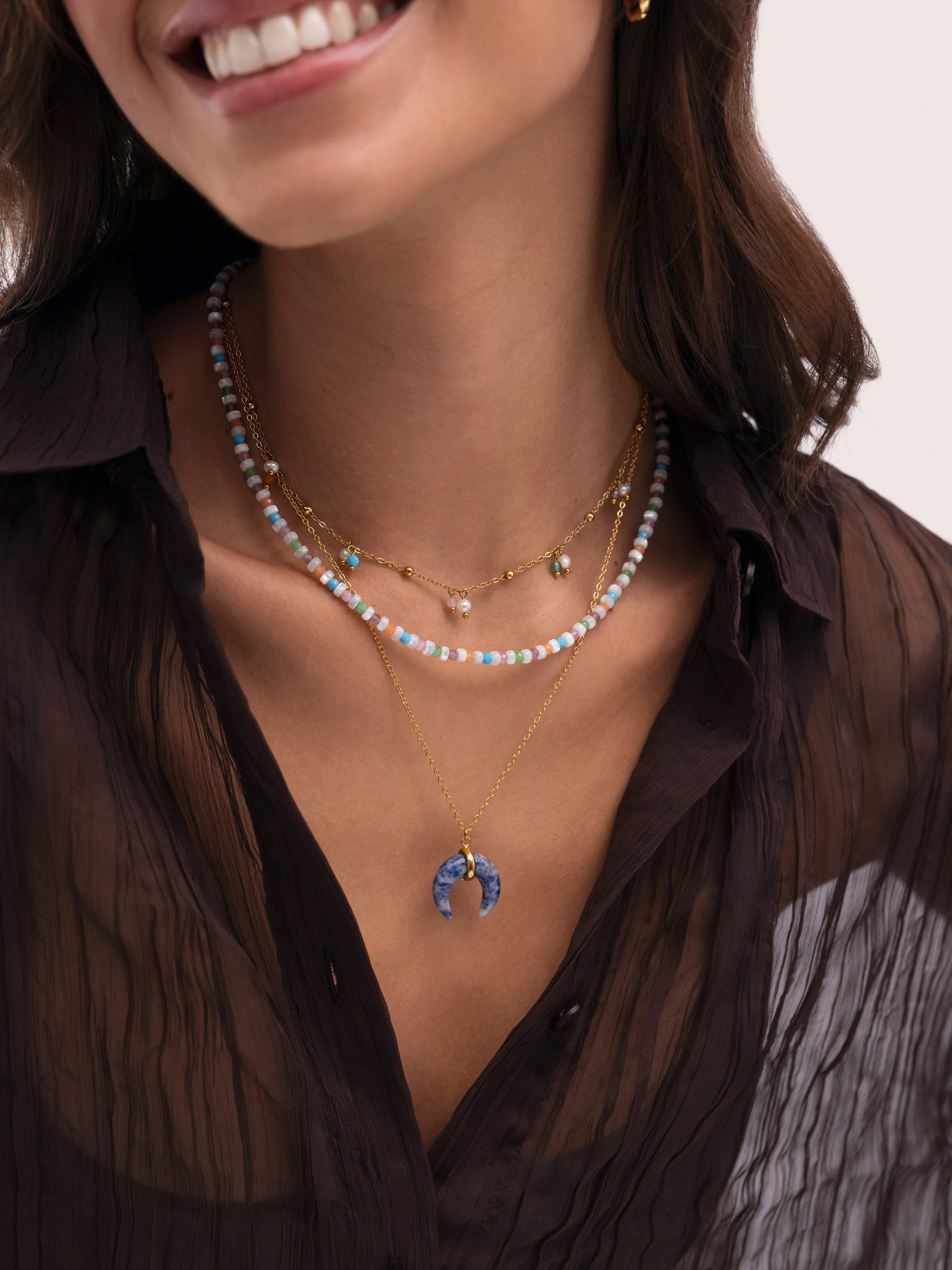 Halskette Mini Mond Blau Stahl mit 18kt Goldbeschichtung