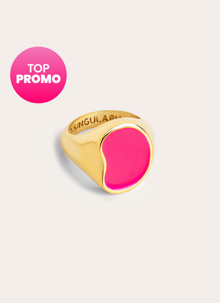 Signet Bean Neon Pink Enamel Gold Ring