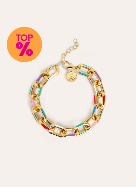 Pulseira Link Rainbow Enamel Aço Banho de Ouro