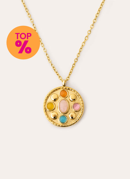 Collar Medallion Five Stones Acero Baño Oro