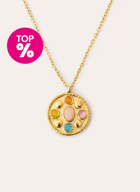 Medallion Five Stones Stainless Steeel Gold Necklace