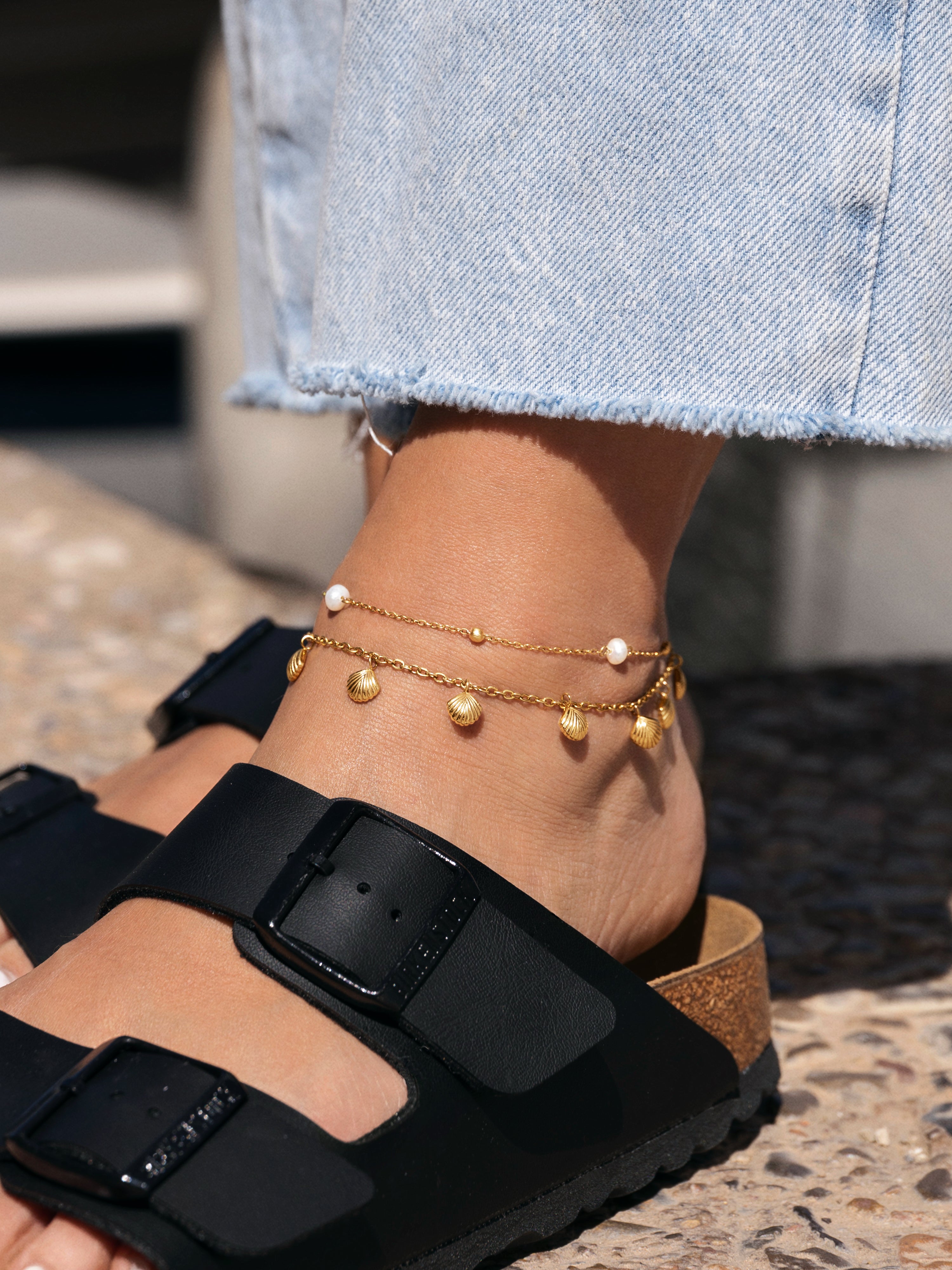 Tobillera Dancing Shells Acero Baño Oro