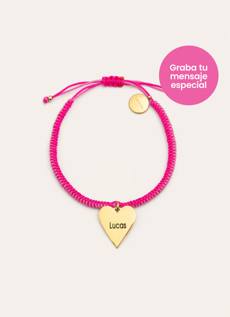 Pulseira Personalizada Coração Pink Aço Banho de Ouro