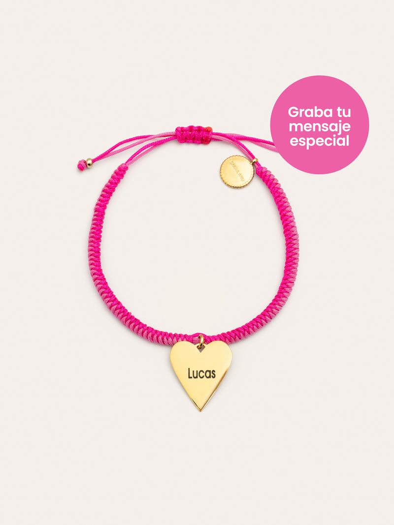 Pulsera Personalizada Corazón Pink Acero Baño Oro