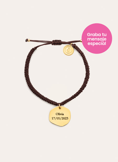 Pulseira Personalizada Medallion Marrón Aço Banho de Ouro