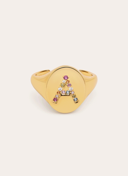 Anillo Personalizado Signet Letter Colors Baño Oro