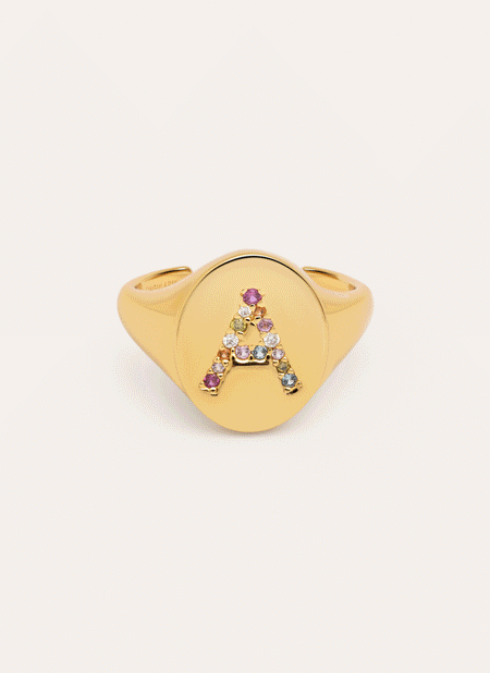 Anillo Personalizado Signet Letter Colors Baño Oro