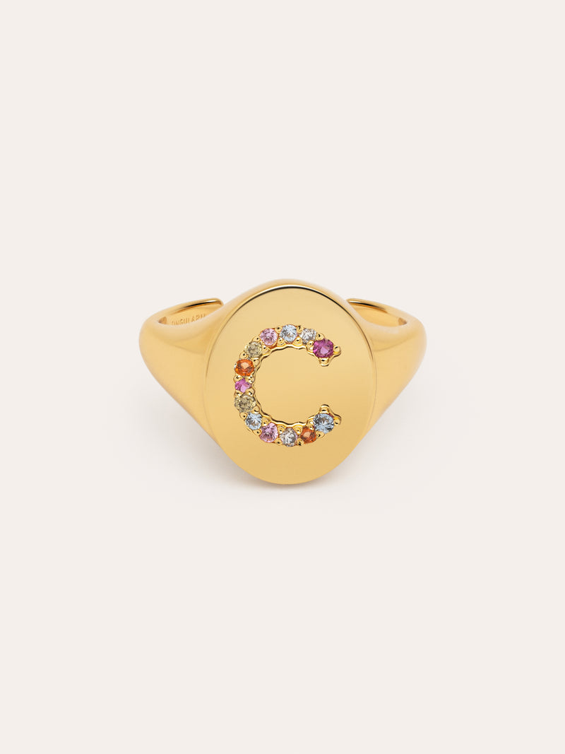 Anillo Personalizado Signet Letter Colors Baño Oro