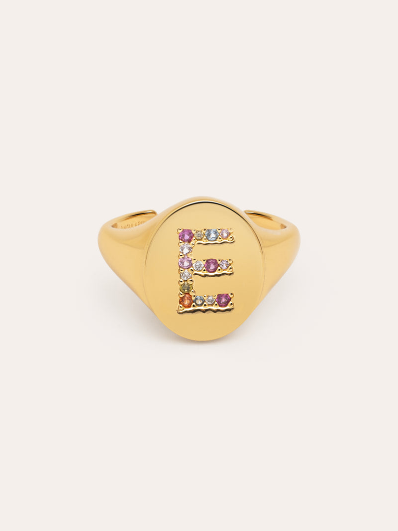 Anillo Personalizado Signet Letter Colors Baño Oro