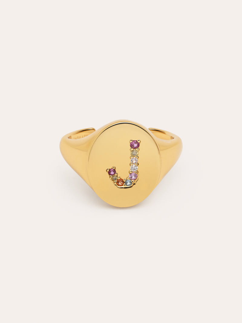 Anillo Personalizado Signet Letter Colors Baño Oro