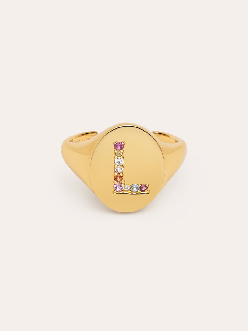 Anillo Personalizado Signet Letter Colors Baño Oro