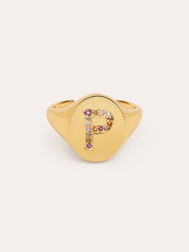 Anillo Personalizado Signet Letter Colors Baño Oro