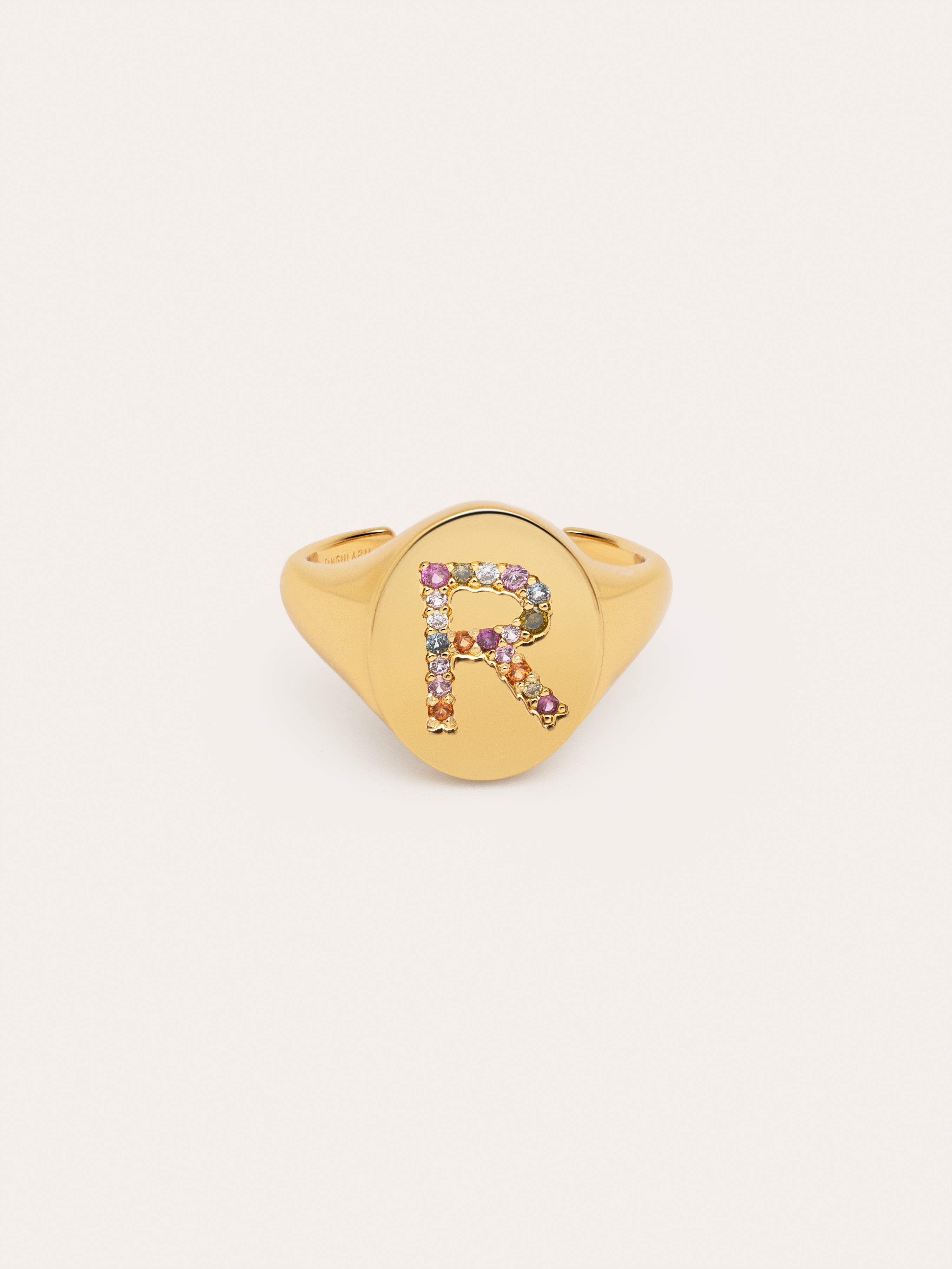 Anillo Personalizado Signet Letter Colors Baño Oro