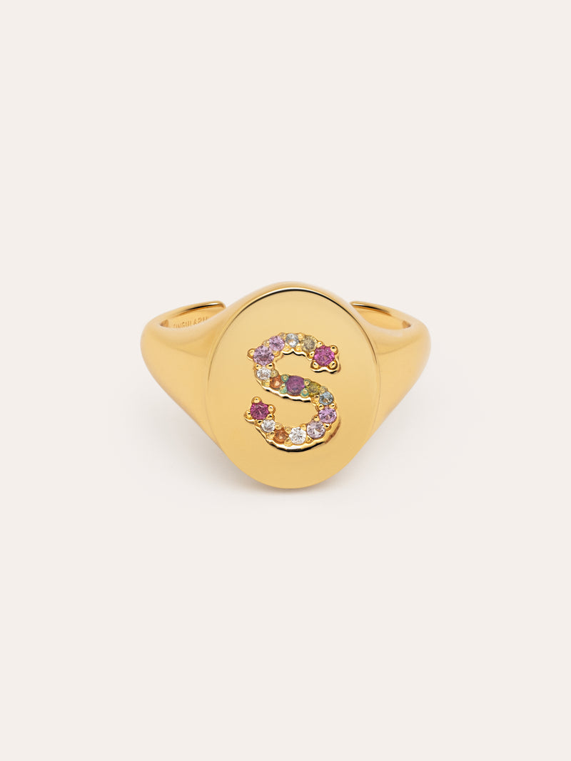 Anillo Personalizado Signet Letter Colors Baño Oro