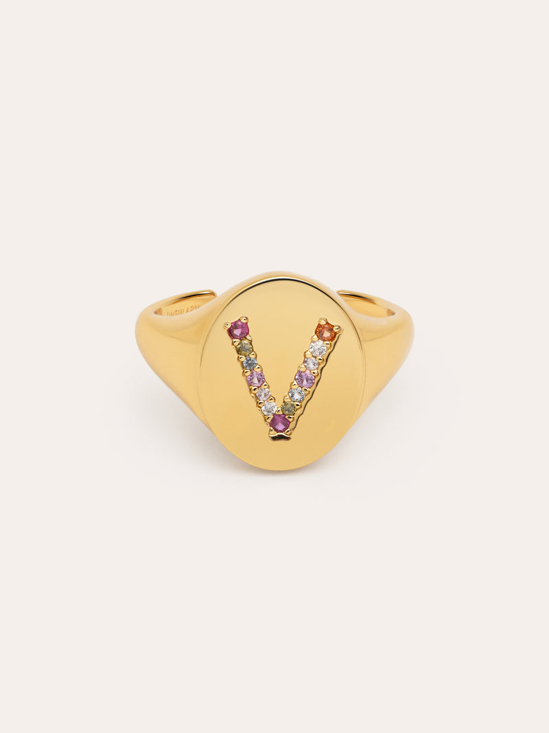 Anillo Personalizado Signet Letter Colors Baño Oro