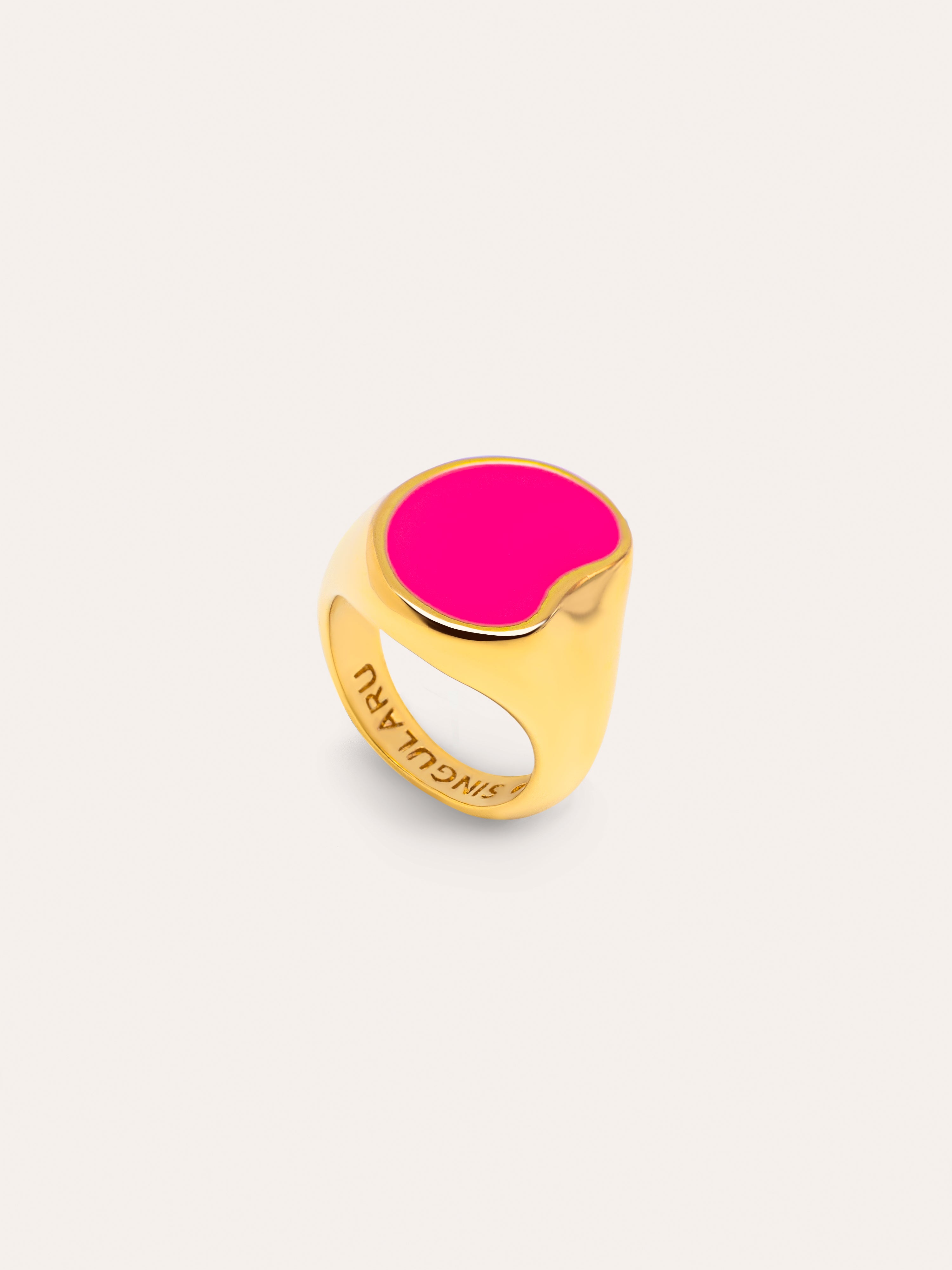 Signet Bean Neon Pink Enamel Gold Ring