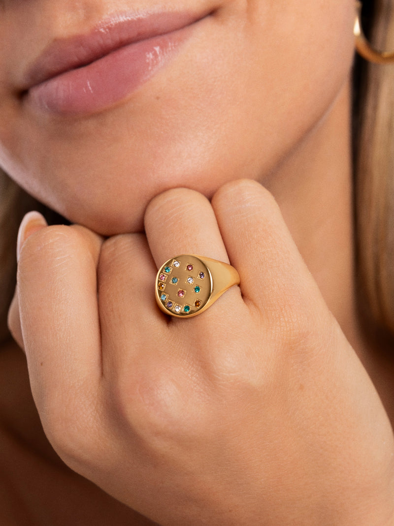 Bague Sceau Bling Rainbow Acier Plaqué Or