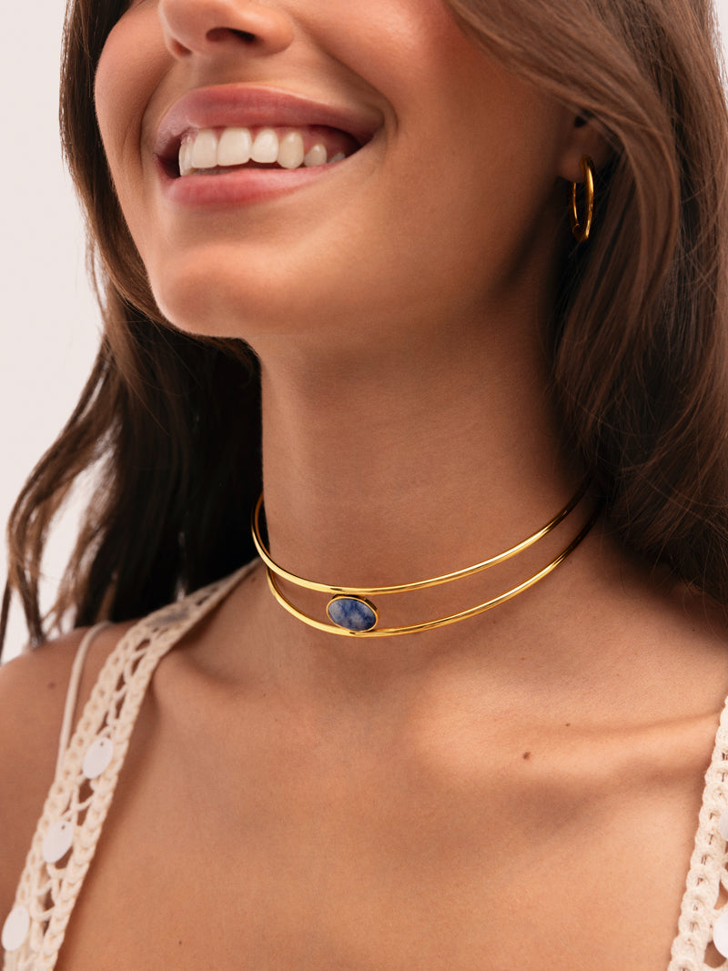 Choker Cianita Aço Banho Ouro