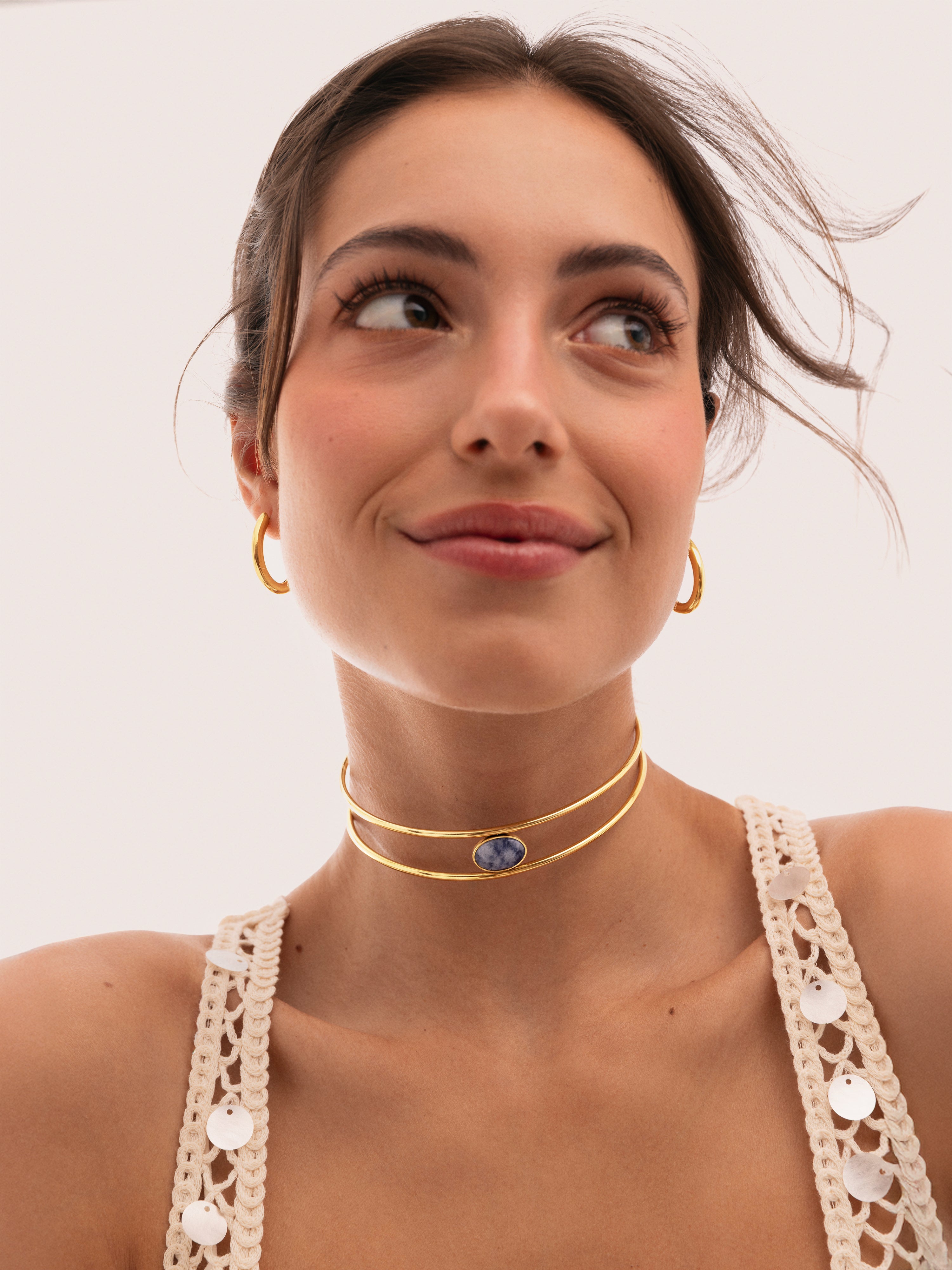Choker Cianita Aço Banho Ouro