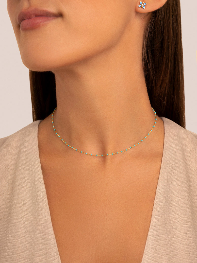 Colar Dots Turquoise Enamel Prata Banho de Ouro