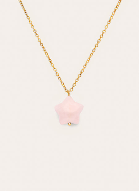 Colar Estrela Quartzo Rosa Aço Banho a Ouro