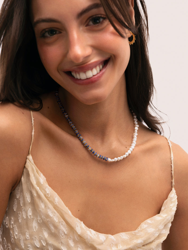 Indigo Pearl Halskette Edelstahl mit 18kt Goldbeschichtung