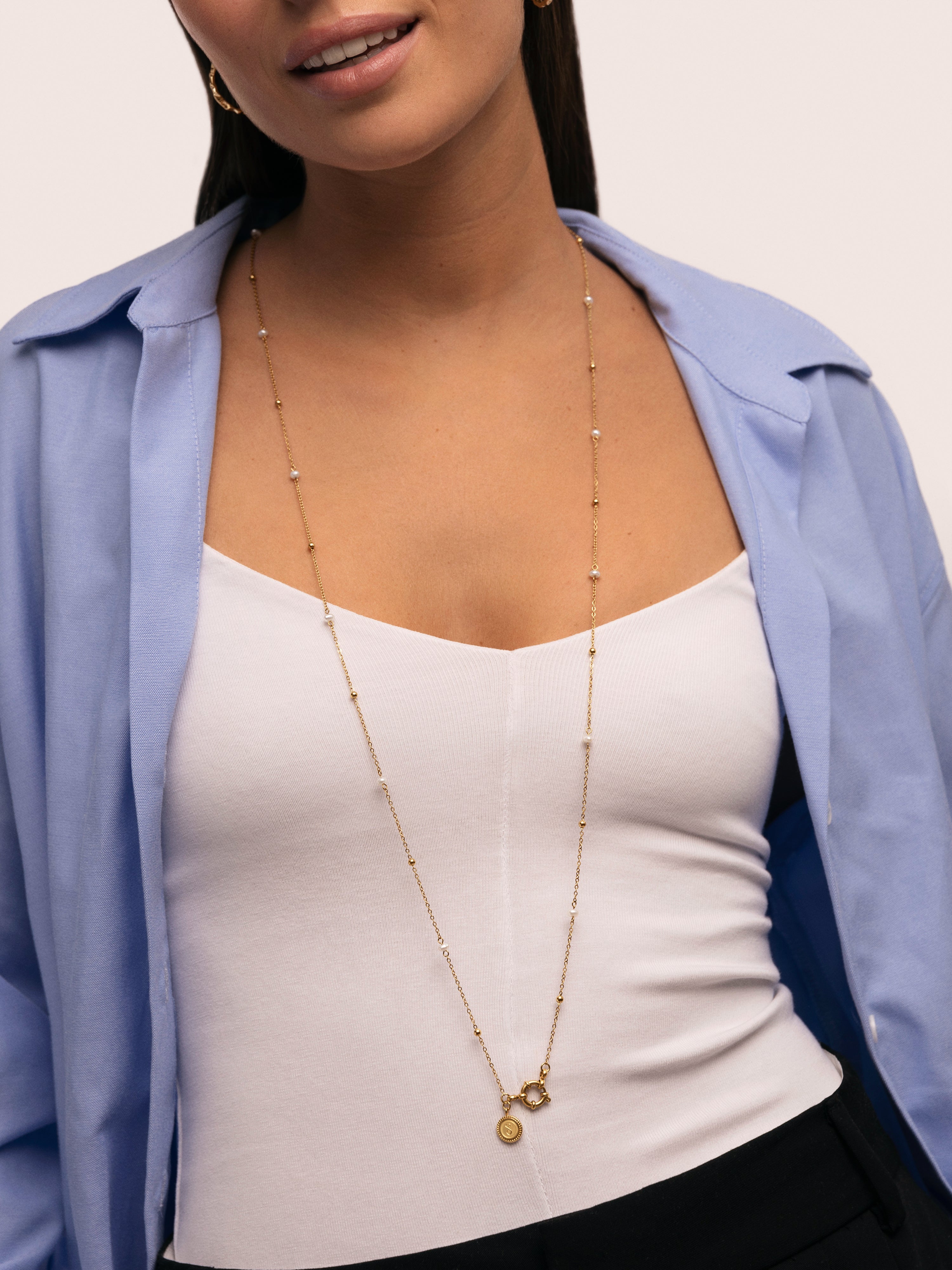 Long Pearl Dots Halskette Stahl, vergoldet