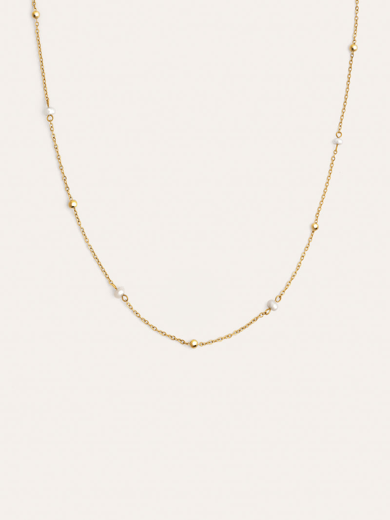 Colar Long Pearl Dots Aço Banho de Ouro