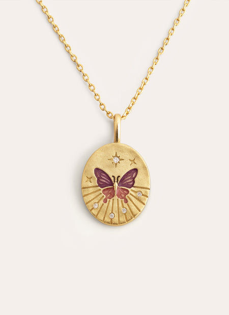 Collier Medallion Butterfly Rose Plaqué Or