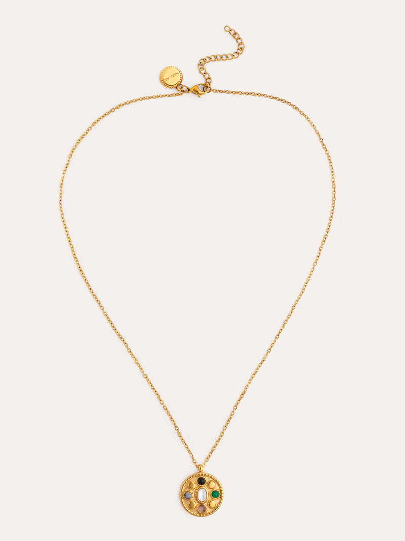 Colar Medallion Five Stones Mística Aço Banho a Ouro