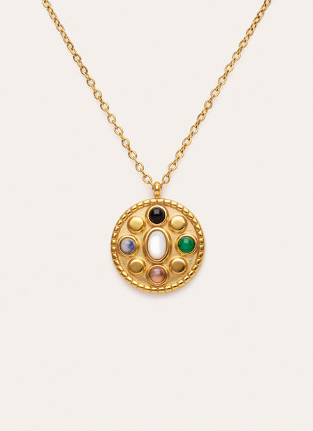 Halskette Medallion Five Stones Mystik aus Stahl, vergoldet