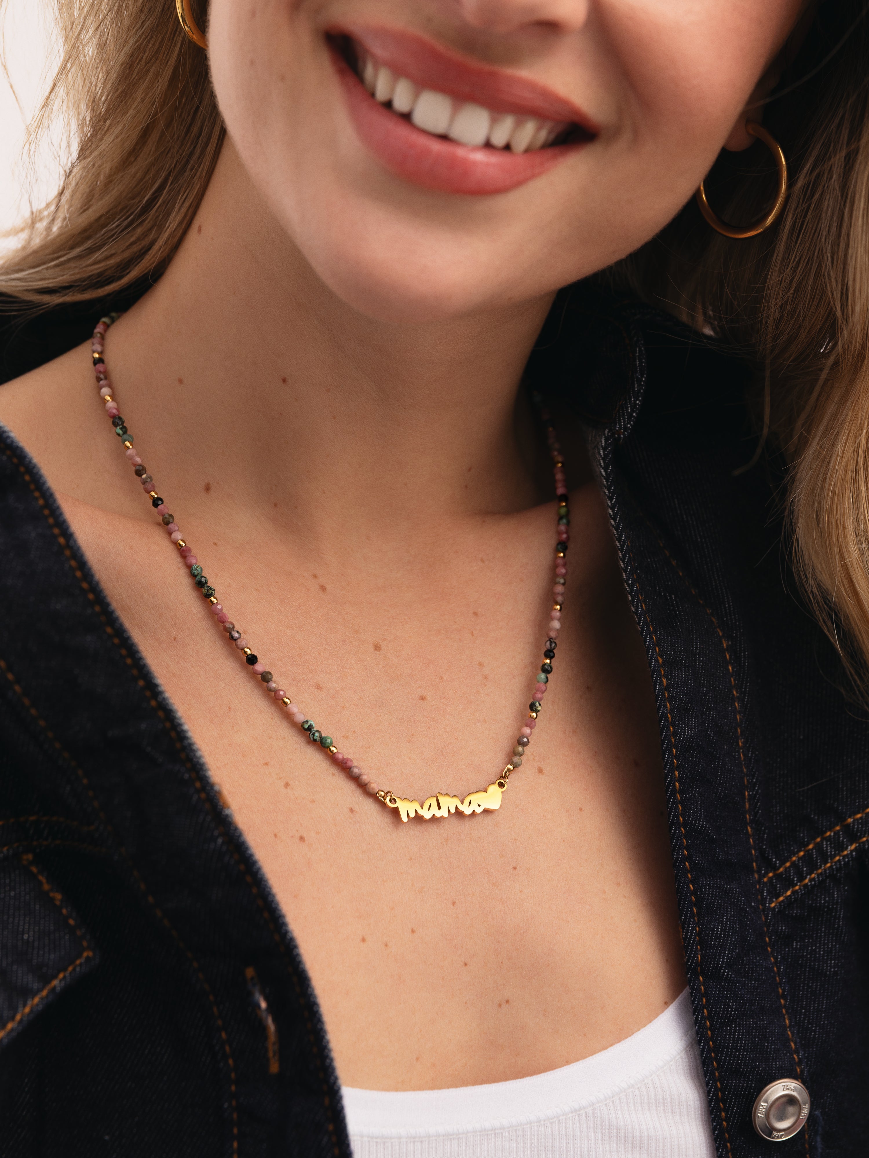 Colar Mamá Heart Tourmaline Aço Banho de Ouro