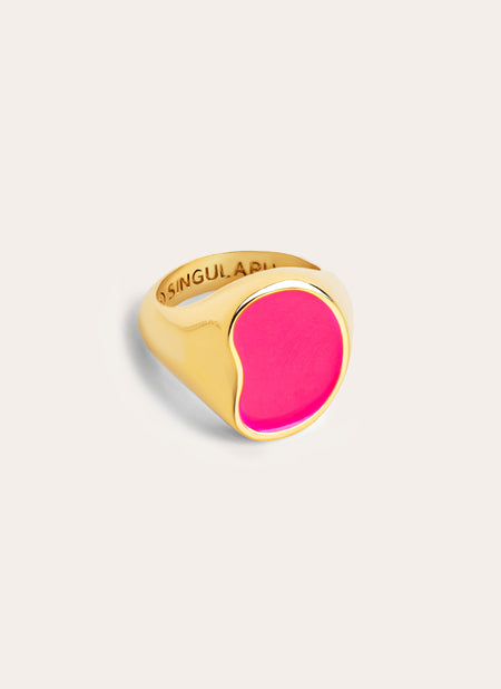 Bague Signet Bean Neon Pink Enamel Plaqué Or
