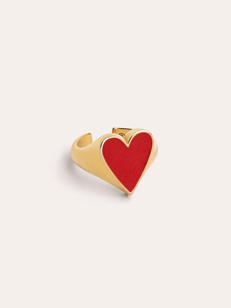 Anel Lovely Heart Red Enamel Banho de Ouro